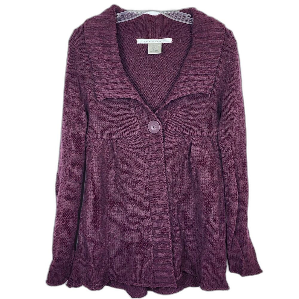 Max Studio Collar Babydoll Warm Knit Cardigan Sweater Burgundy Red Size S